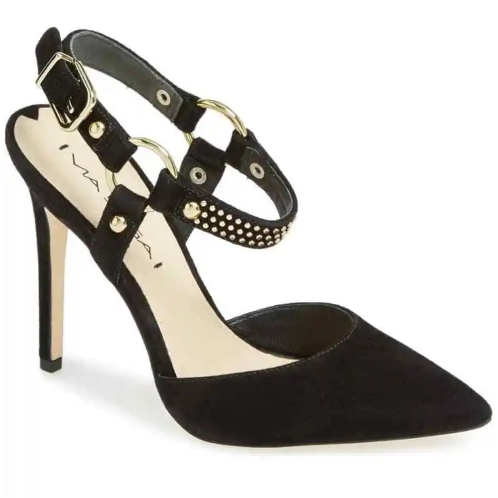 VIA SPIGA V-Flo Black Suede Strappy Pointy Pump Gold Buckle BDSM Stilettos $248